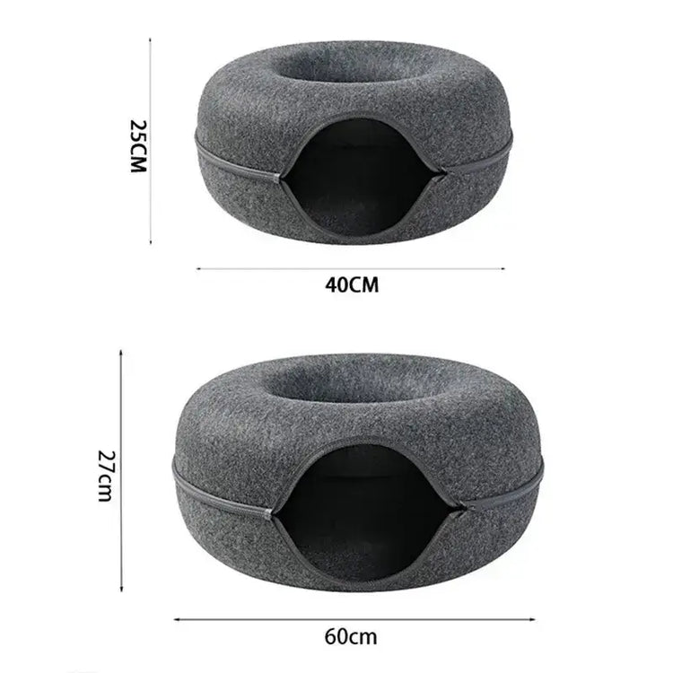 Dimensions of the TAILTRAIL Cat Donut Bed Tunnel, showcasing durable felt material and design for pet comfort.