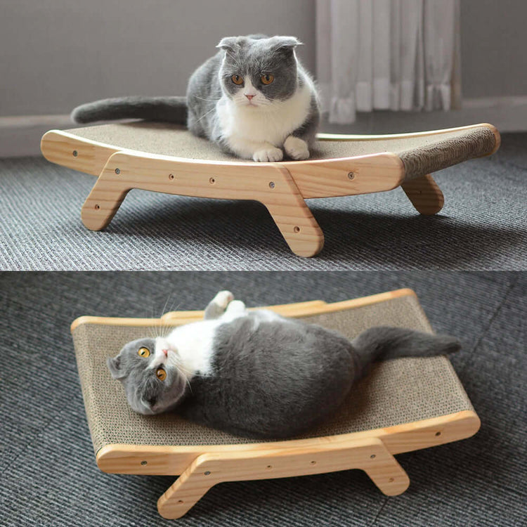 Cat lounging on a durable TAILTRAIL scratch board for cats, designed for scratching and stretching.