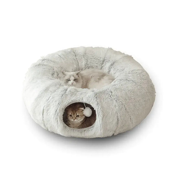 Soft and cozy TAILTRAIL 2-in-1 round tunnel cat bed with two cats resting inside.