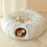 Two cats relaxing in a plush TAILTRAIL 2-in-1 round tunnel cat bed, showcasing cozy design and playful features.
