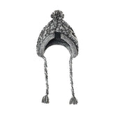 Stylish black and gray knitted hat with pom pom and ear flaps, perfect for winter wear and outdoor adventures TAILTRAIL.