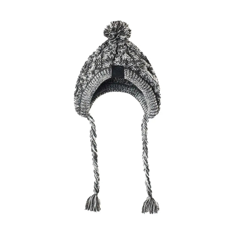 Stylish black and gray knitted hat with pom pom and ear flaps, perfect for winter wear and outdoor adventures TAILTRAIL.