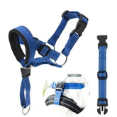 Blue dog halter training head collar for leash training from TAILTRAIL, featuring a safety strap for added comfort.