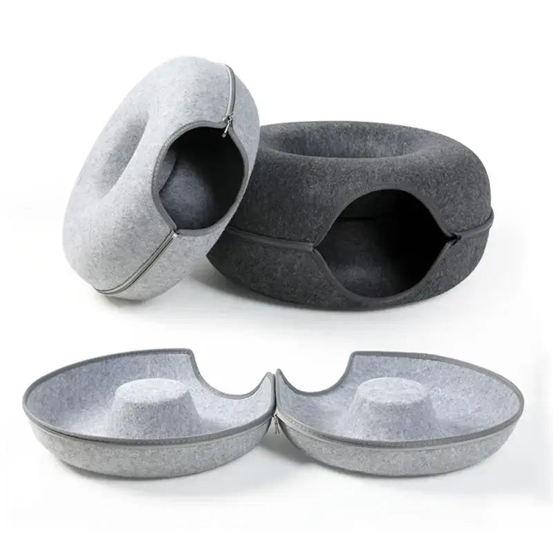 TAILTRAIL Cat Donut Bed in stylish gray color, featuring an interactive tunnel design and premium felt material.
