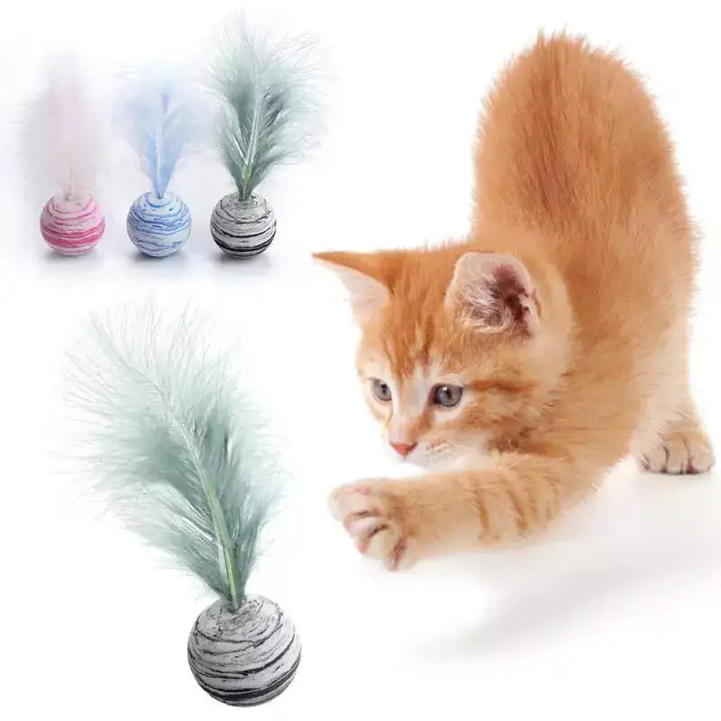 Cat playing with TAILTRAIL feather ball toy, engaging in fun and active playtime.