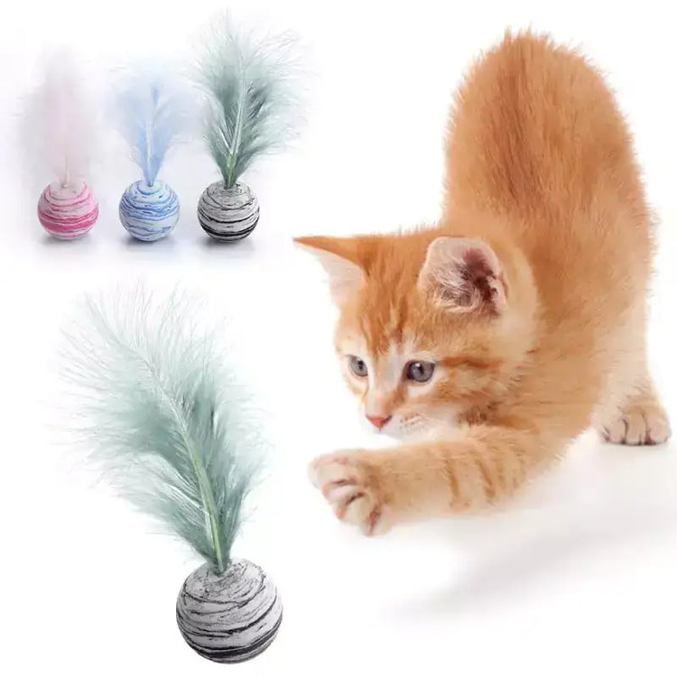 Cat playing with TAILTRAIL feather ball toy, engaging in fun and active playtime.