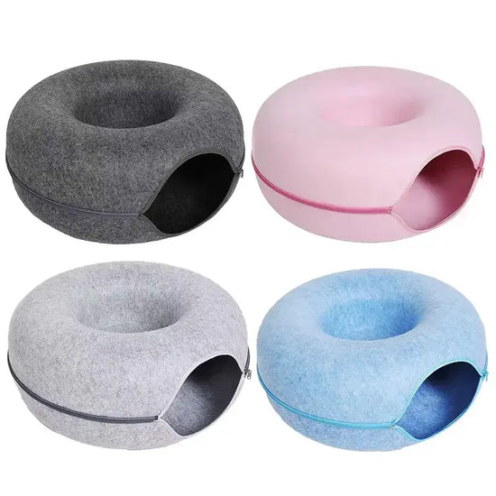 Cat Donut Bed in various colors including gray, pink, and blue, crafted from durable felt - TAILTRAIL.