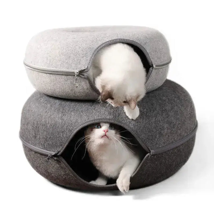 Two cats playing in TAILTRAIL Cat Donut Bed Tunnel made of premium felt material.
