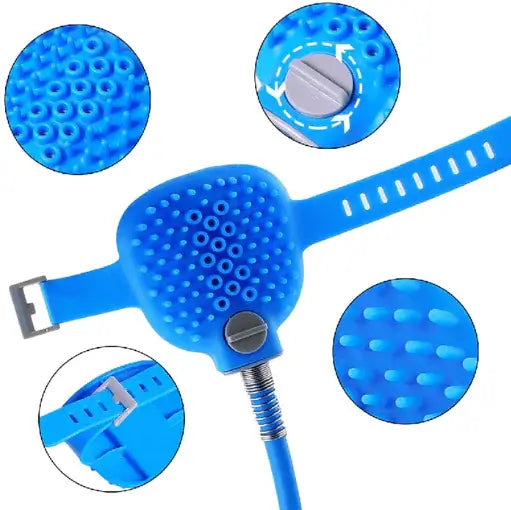 TAILTRAIL pet shower sponge features a soft, ergonomic design with an adjustable strap and textured surface for gentle cleaning.