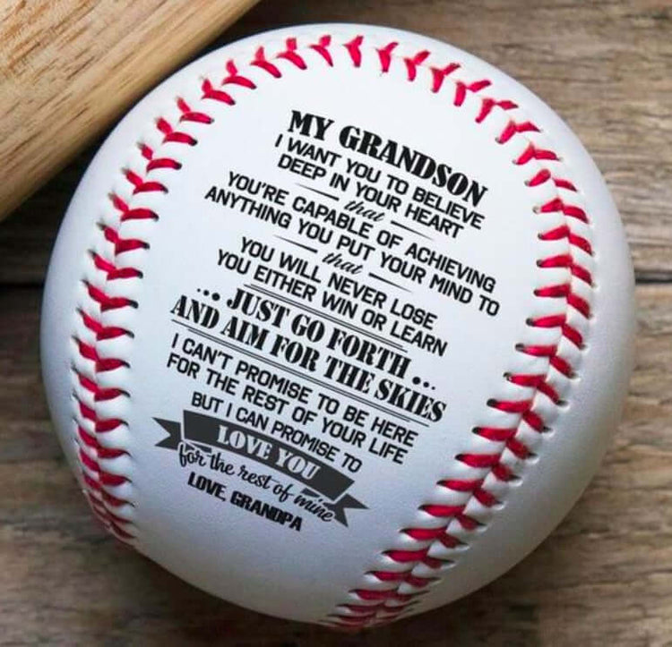 Personalized baseball with encouraging message for grandson, illustrating motivation and love, TAILTRAIL product.