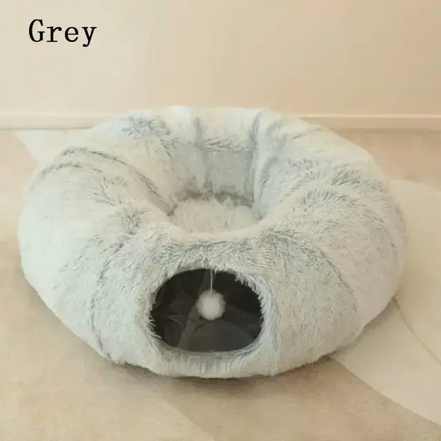 Soft grey TAILTRAIL 2-in-1 round tunnel cat bed with plush interior and playful design.