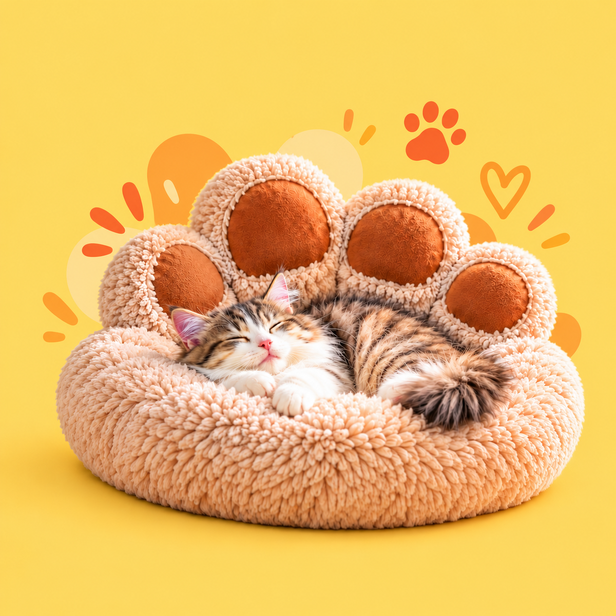 A sleeping tabby and white cat rests inside a plush, paw-shaped pet bed on a bright yellow background with orange paw-print graphics.