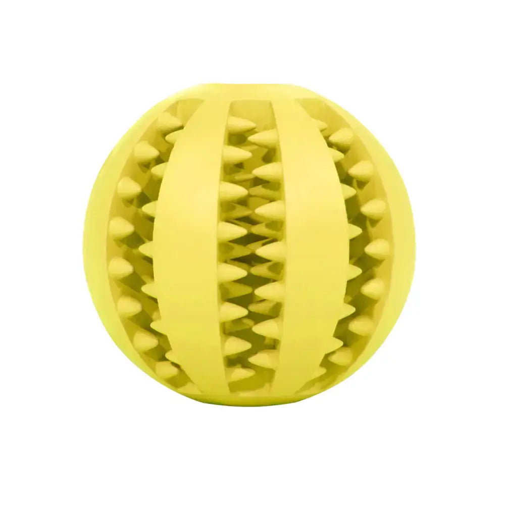 Interactive yellow rubber ball for pets by TAILTRAIL, designed for durability and engaging play.
