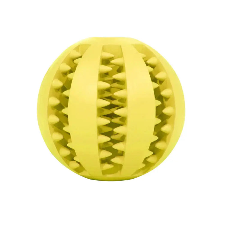 Interactive yellow rubber ball for pets by TAILTRAIL, designed for durability and engaging play.