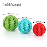 Interactive rubber balls in green, blue, and red with size specifications for TAILTRAIL pet toys.
