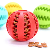 Interactive rubber balls for pets, featuring TAILTRAIL durable design and treat compartment.