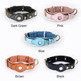 TAILTRAIL Leather Anti-Lost Dog Collars in Dark Green, Pink, Blue, Brown, and Black colors.