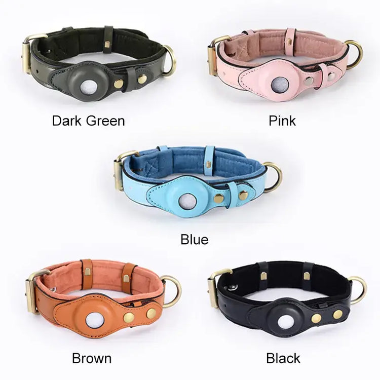 TAILTRAIL Leather Anti-Lost Dog Collars in Dark Green, Pink, Blue, Brown, and Black colors.