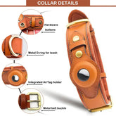 TAILTRAIL Leather Anti-Lost Dog Collar hardware details including metal D-ring and integrated AirTag holder.