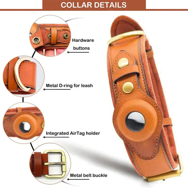 TAILTRAIL Leather Anti-Lost Dog Collar hardware details including metal D-ring and integrated AirTag holder.