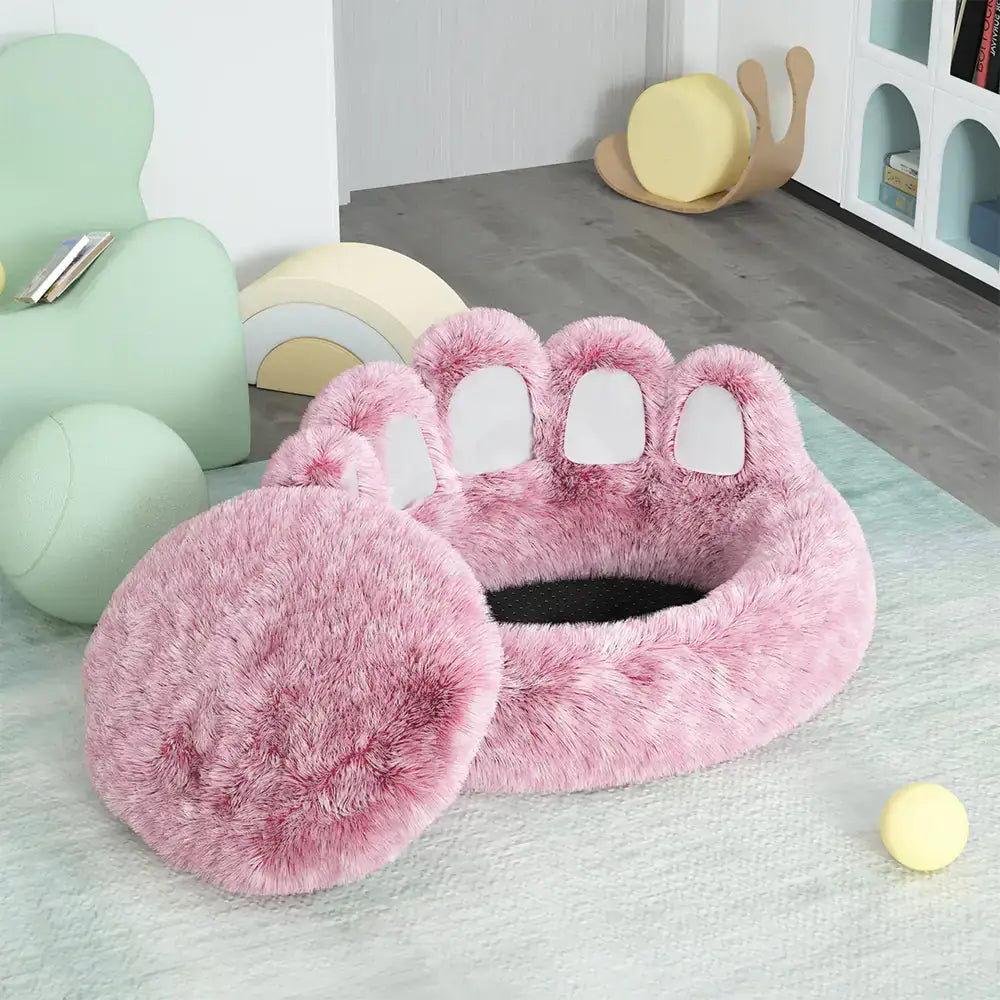TAILTRAIL Long Plush Cat Bed in pink paw design, providing extra comfort for restful sleep, machine washable.