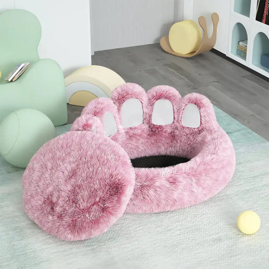 TAILTRAIL Long Plush Cat Bed in pink paw design, providing extra comfort for restful sleep, machine washable.