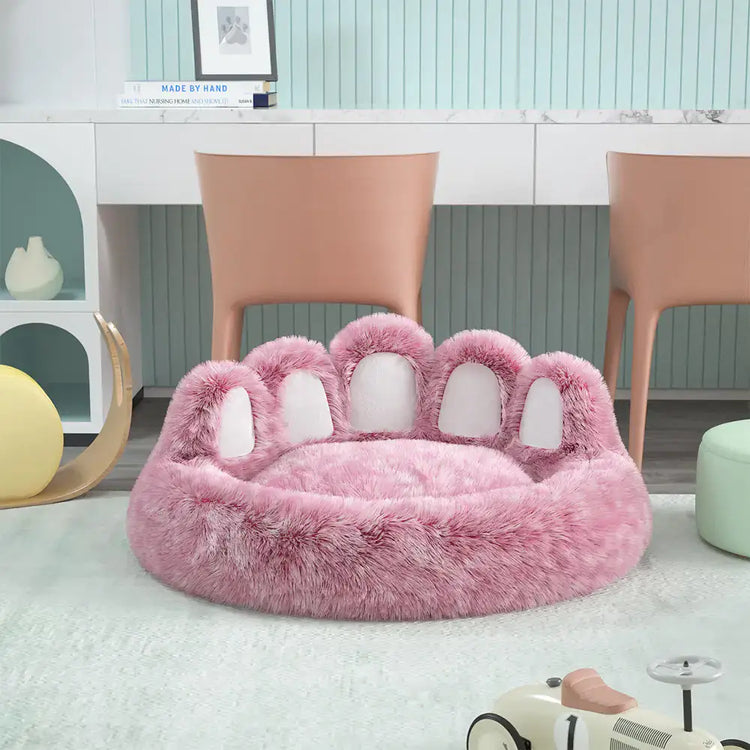 Long Plush Cat Bed by TAILTRAIL in pink, featuring fluffy paw design for cat comfort and relaxation.