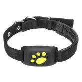 TAILTRAIL pet GPS tracker collar in black with yellow paw print design for real-time tracking.