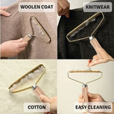 TAILTRAIL pet hair remover brush shown in use on woolen coat, knitwear, and cotton with easy cleaning feature.