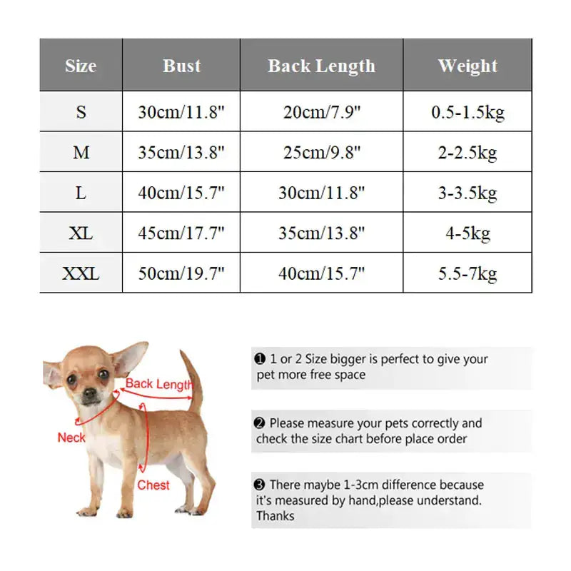 Size chart for TAILTRAIL Plush Winter Coat for Dogs, featuring measurements for different dog sizes.