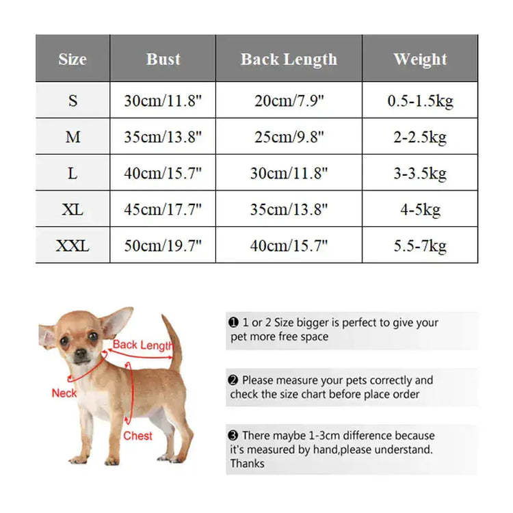 Size chart for TAILTRAIL Plush Winter Coat for Dogs, featuring measurements for different dog sizes.