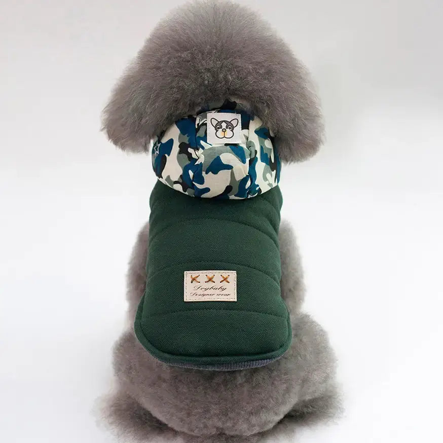 Cute dog wearing a stylish green coat with a camouflage hood from TAILTRAIL for winter warmth.