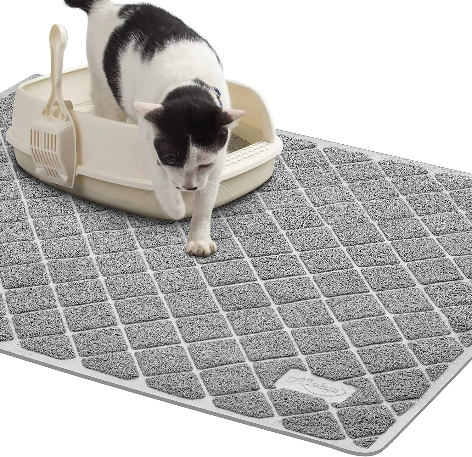 TAILTRAILTAILTRAIL non-slip cat litter mat with a cat stepping off a litter box, effectively trapping litter.