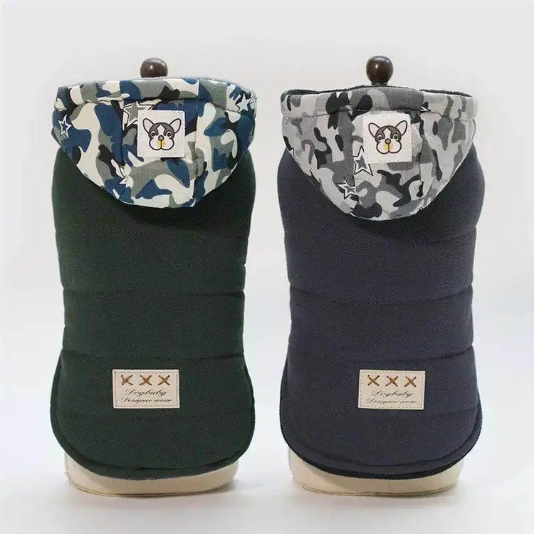 Stylish TAILTRAIL dog coats featuring camo patterns, perfect for keeping your dog warm in winter.