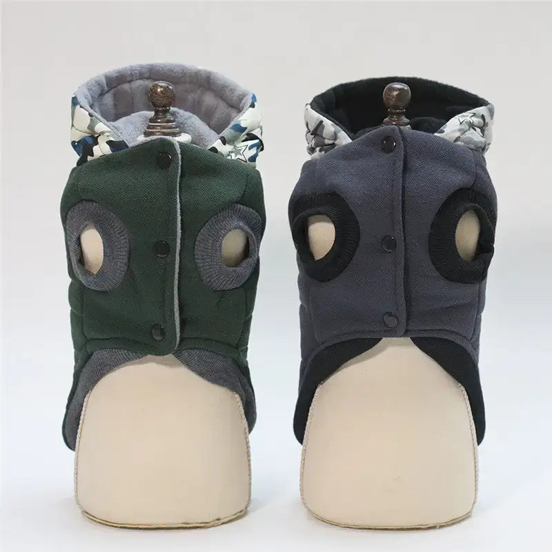 TAILTRAIL premium dog coat in green and gray, featuring stylish designs and warm materials for winter.