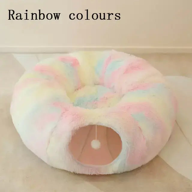 TAILTRAIL 2-in-1 round cat bed in rainbow colours, soft and cozy for playful resting.