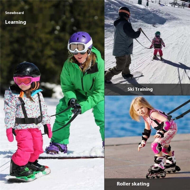 Kids learning to ski and roller skate using the TAILTRAIL Safety Rope Ski Dog Training Belt.