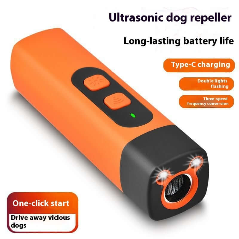 Ultrasonic dog repeller from TAILTRAIL with rechargeable battery and LED flashlight for deterring unwanted animal behavior.